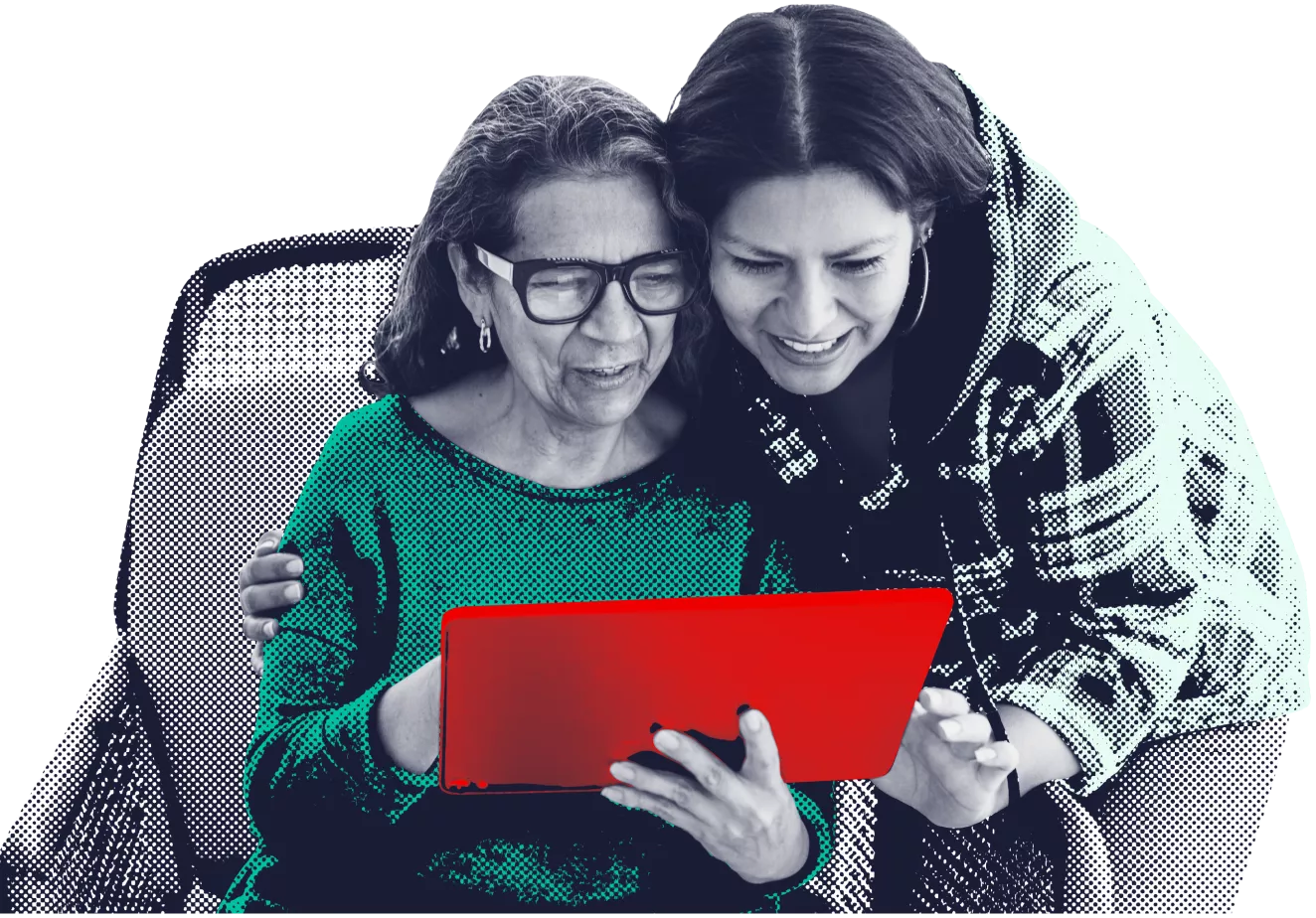 woman and friend looking at tablet